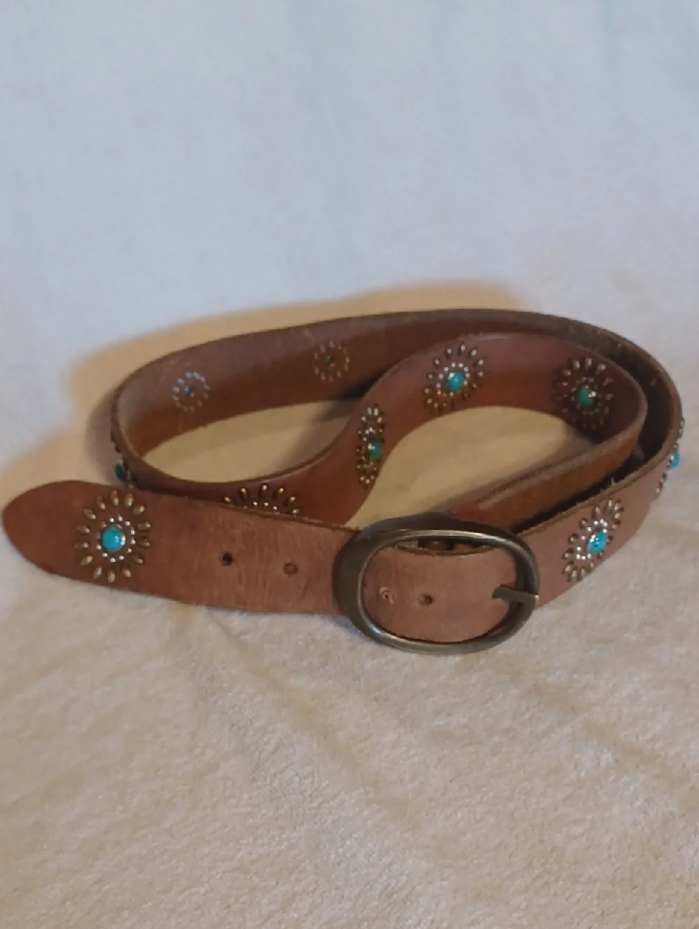 Brown Leather Belt with Turquoise Stud Accents Size Xlarge
